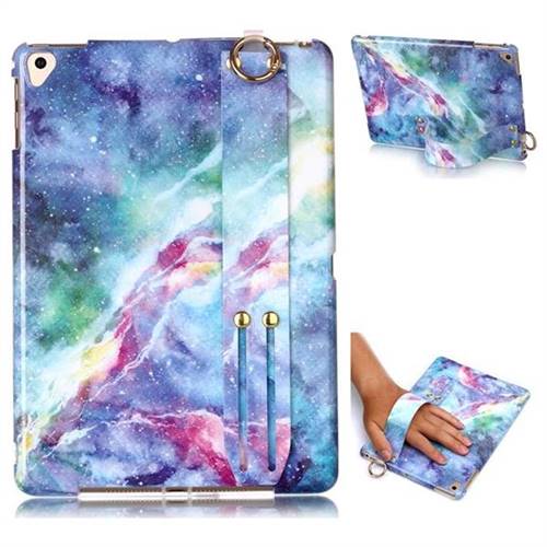 Blue Starry Sky Marble Clear Bumper Glossy Rubber Silicone Wrist Band Tablet Stand Holder Cover for Apple iPad 9.7 (2018)