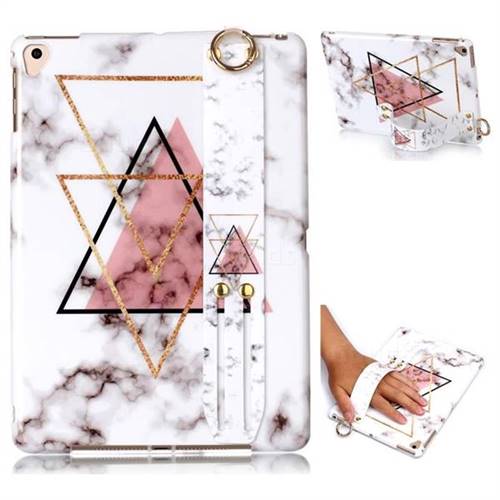 Inverted Triangle Powder Marble Clear Bumper Glossy Rubber Silicone Wrist Band Tablet Stand Holder Cover for Apple iPad 9.7 (2018)