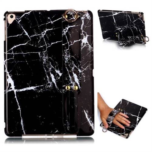 Black Stone Marble Clear Bumper Glossy Rubber Silicone Wrist Band Tablet Stand Holder Cover for Apple iPad 9.7 (2018)