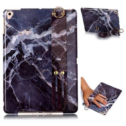 Gray Stone Marble Clear Bumper Glossy Rubber Silicone Wrist Band Tablet Stand Holder Cover for Apple iPad 9.7 (2018)