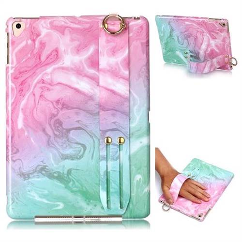 Pink Green Marble Clear Bumper Glossy Rubber Silicone Wrist Band Tablet Stand Holder Cover for Apple iPad 9.7 (2018)
