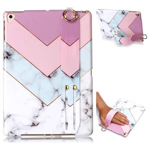 Stitching Pink Marble Clear Bumper Glossy Rubber Silicone Wrist Band Tablet Stand Holder Cover for Apple iPad 9.7 (2018)