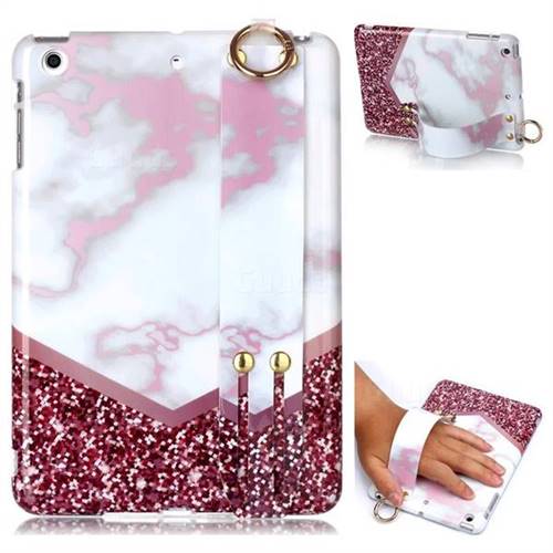 Stitching Rose Marble Clear Bumper Glossy Rubber Silicone Wrist Band Tablet Stand Holder Cover for iPad Mini 1 2 3