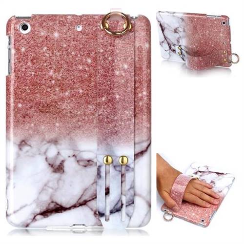 Glittering Rose Gold Marble Clear Bumper Glossy Rubber Silicone Wrist Band Tablet Stand Holder Cover for iPad Mini 1 2 3