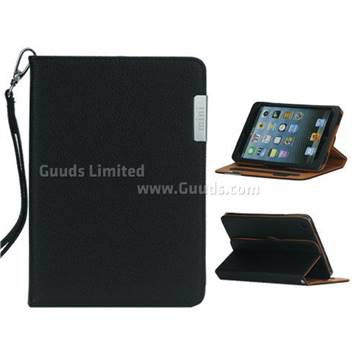 Elegant Protective Leather Wallet Case for iPad Mini with Stand and Handstrap - Black