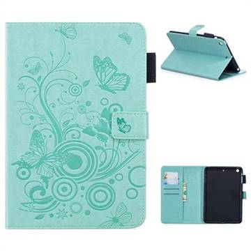 Intricate Embossing Butterfly Circle Leather Wallet Case for iPad Mini 1 2 3 - Cyan