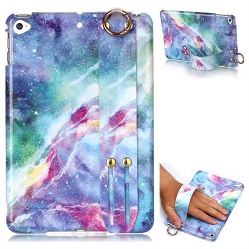 Blue Starry Sky Marble Clear Bumper Glossy Rubber Silicone Wrist Band Tablet Stand Holder Cover for iPad Mini 4