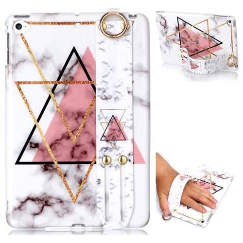 Inverted Triangle Powder Marble Clear Bumper Glossy Rubber Silicone Wrist Band Tablet Stand Holder Cover for iPad Mini 4