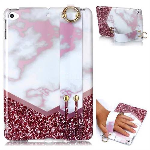 Stitching Rose Marble Clear Bumper Glossy Rubber Silicone Wrist Band Tablet Stand Holder Cover for iPad Mini 4