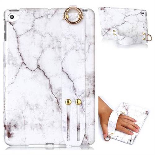 White Smooth Marble Clear Bumper Glossy Rubber Silicone Wrist Band Tablet Stand Holder Cover for iPad Mini 4