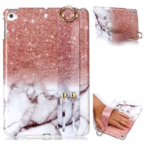 Glittering Rose Gold Marble Clear Bumper Glossy Rubber Silicone Wrist Band Tablet Stand Holder Cover for iPad Mini 4