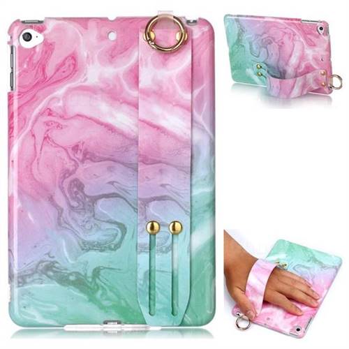 Pink Green Marble Clear Bumper Glossy Rubber Silicone Wrist Band Tablet Stand Holder Cover for iPad Mini 4