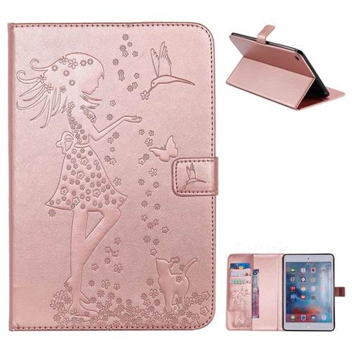 Embossing Flower Girl Cat Leather Flip Cover for iPad Mini 4 - Rose Gold