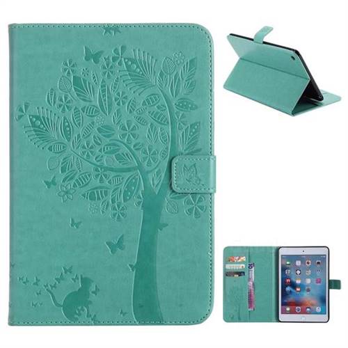 Embossing Butterfly Tree Leather Flip Cover for iPad Mini 4 - Cyan