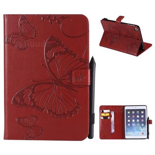 Embossing 3D Butterfly Leather Wallet Case for iPad Mini 4 - Red