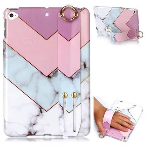 Stitching Pink Marble Clear Bumper Glossy Rubber Silicone Wrist Band Tablet Stand Holder Cover for iPad Mini 5 Mini5