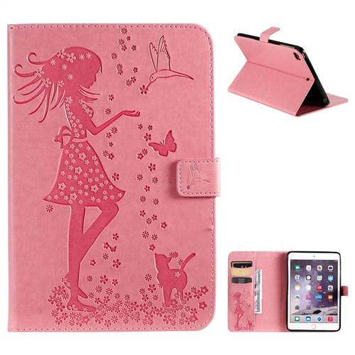 Embossing Flower Girl Cat Leather Flip Cover for iPad Mini 5 Mini5 - Pink