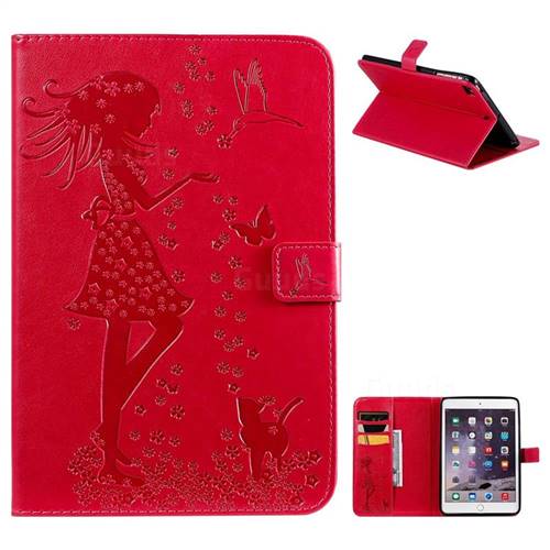 Embossing Flower Girl Cat Leather Flip Cover for iPad Mini 5 Mini5 - Red