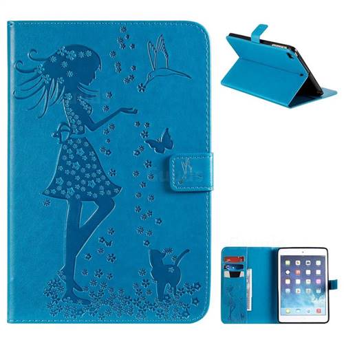 Embossing Flower Girl Cat Leather Flip Cover for iPad Mini 5 Mini5 - Blue