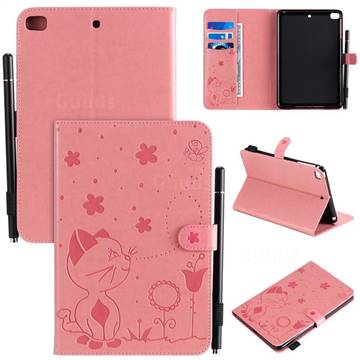 Embossing Bee and Cat Leather Flip Cover for iPad Mini 5 Mini5 - Pink
