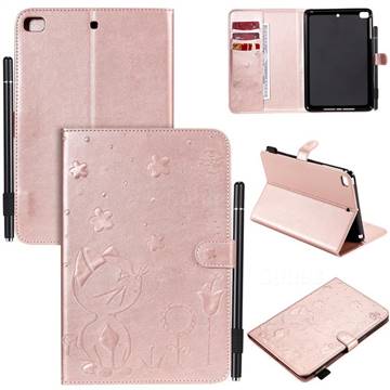 Embossing Bee and Cat Leather Flip Cover for iPad Mini 5 Mini5 - Rose Gold