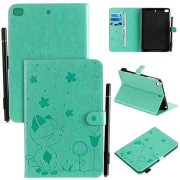 Embossing Bee and Cat Leather Flip Cover for iPad Mini 5 Mini5 - Green