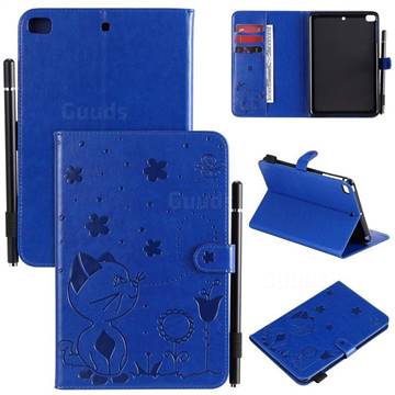 Embossing Bee and Cat Leather Flip Cover for iPad Mini 5 Mini5 - Blue