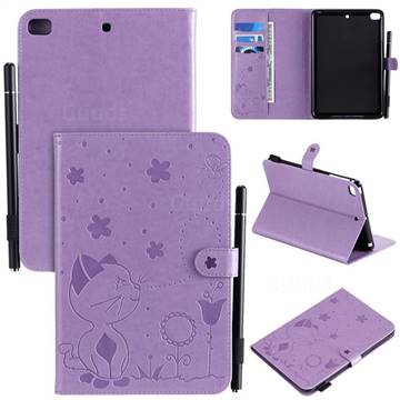 Embossing Bee and Cat Leather Flip Cover for iPad Mini 5 Mini5 - Purple