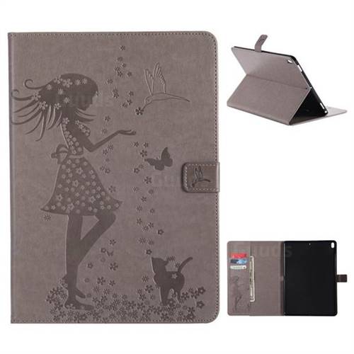 Embossing Flower Girl Cat Leather Flip Cover for iPad Pro 10.5 - Gray