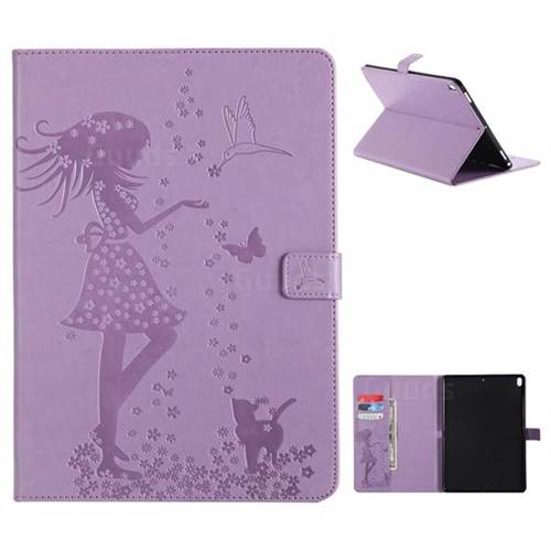 Embossing Flower Girl Cat Leather Flip Cover for iPad Pro 10.5 - Purple