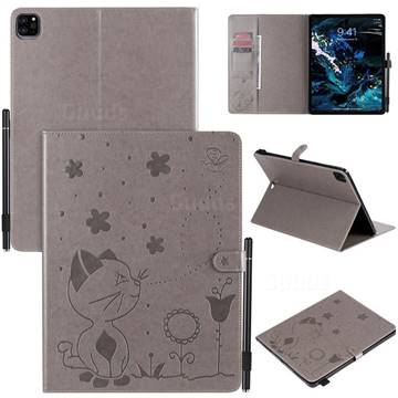 Embossing Bee and Cat Leather Flip Cover for Apple iPad Pro 12.9 (2020) - Gray