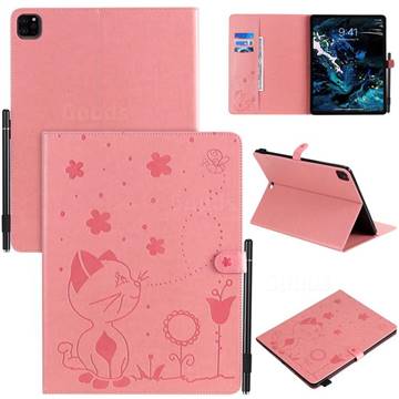 Embossing Bee and Cat Leather Flip Cover for Apple iPad Pro 12.9 (2020) - Pink