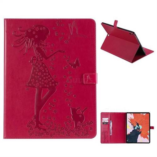 Embossing Flower Girl Cat Leather Flip Cover for Apple iPad Pro 12.9 (2018) - Red
