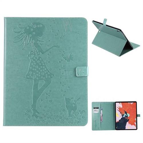 Embossing Flower Girl Cat Leather Flip Cover for Apple iPad Pro 12.9 (2018) - Green