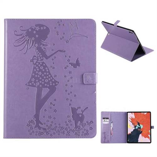 Embossing Flower Girl Cat Leather Flip Cover for Apple iPad Pro 12.9 (2018) - Purple
