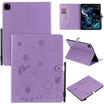 Embossing Bee and Cat Leather Flip Cover for Apple iPad Pro 12.9 (2018) - Purple