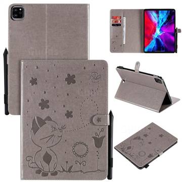 Embossing Bee and Cat Leather Flip Cover for Apple iPad Pro 11 (2020) - Gray