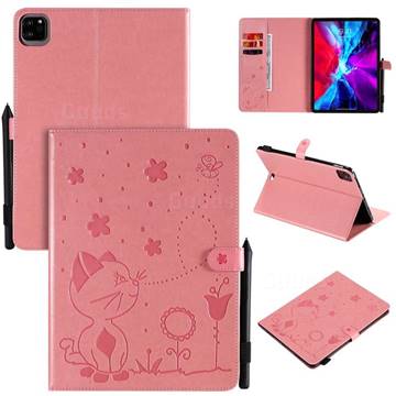 Embossing Bee and Cat Leather Flip Cover for Apple iPad Pro 11 (2020) - Pink
