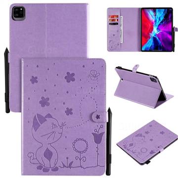 Embossing Bee and Cat Leather Flip Cover for Apple iPad Pro 11 (2020) - Purple