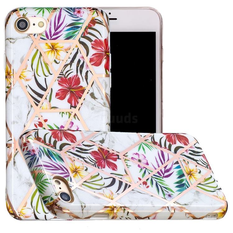 Tropical Rainforest Flower Painted Marble Electroplating Protective Case for iPhone SE 2020