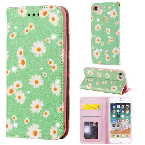 Ultra Slim Daisy Sparkle Glitter Powder Magnetic Leather Wallet Case for iPhone SE 2020 - Green