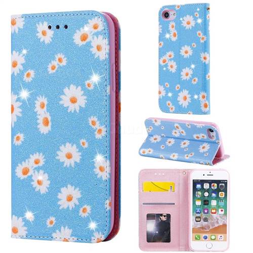 Ultra Slim Daisy Sparkle Glitter Powder Magnetic Leather Wallet Case for iPhone SE 2020 - Blue