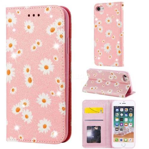 Ultra Slim Daisy Sparkle Glitter Powder Magnetic Leather Wallet Case for iPhone SE 2020 - Pink
