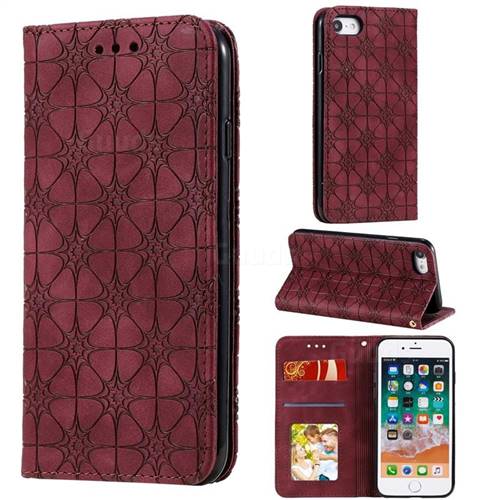 Intricate Embossing Four Leaf Clover Leather Wallet Case for iPhone SE 2020 - Claret