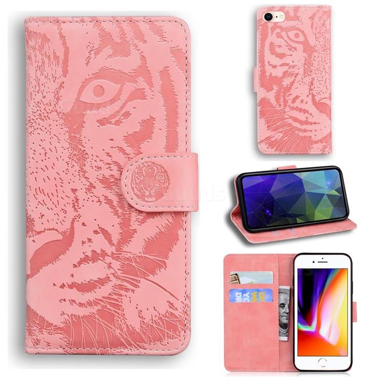Intricate Embossing Tiger Face Leather Wallet Case for iPhone SE 2020 - Pink