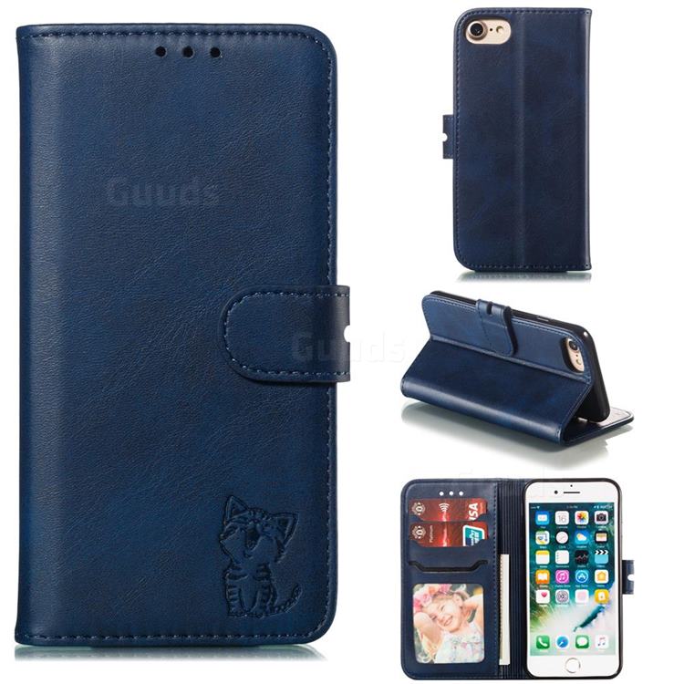 Embossing Happy Cat Leather Wallet Case for iPhone SE 2020 - Blue