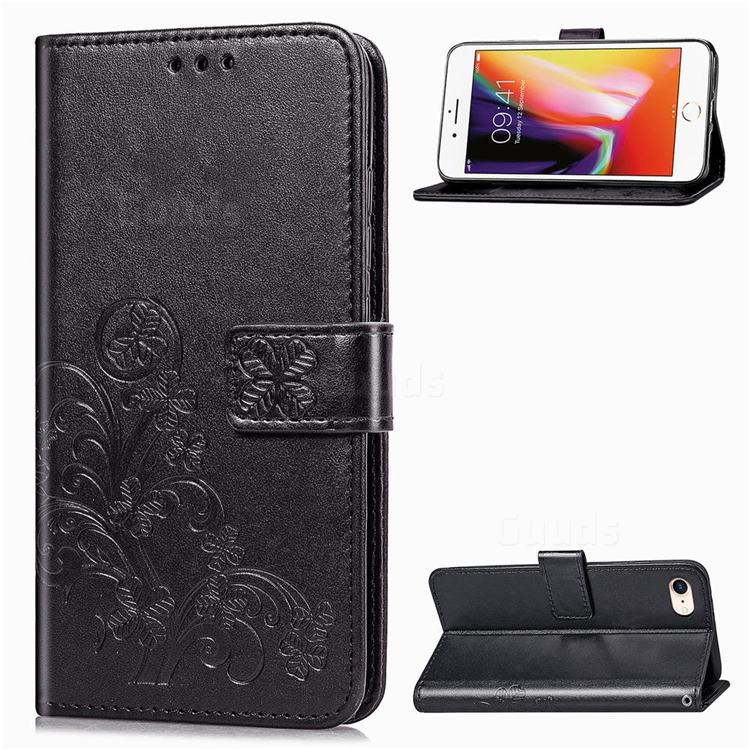 Embossing Imprint Four-Leaf Clover Leather Wallet Case for iPhone SE 2020 - Black