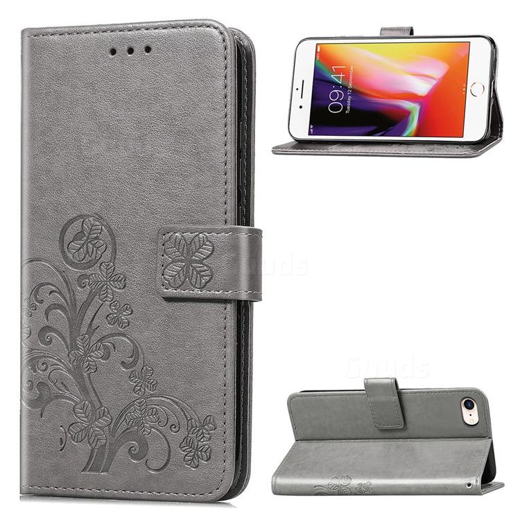 Embossing Imprint Four-Leaf Clover Leather Wallet Case for iPhone SE 2020 - Grey