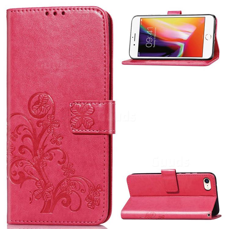 Embossing Imprint Four-Leaf Clover Leather Wallet Case for iPhone SE 2020 - Rose Red