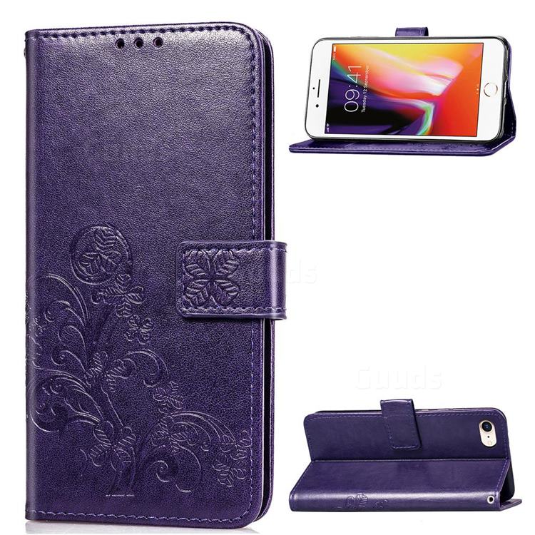 Embossing Imprint Four-Leaf Clover Leather Wallet Case for iPhone SE 2020 - Purple